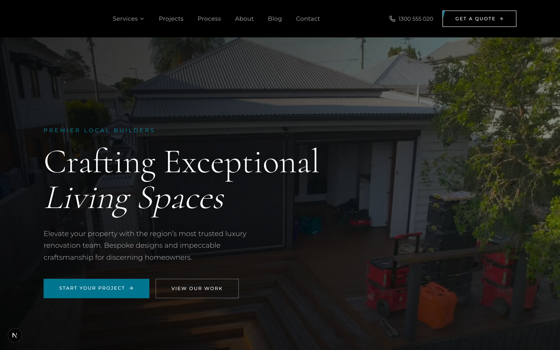 A luxury-renovation builder’s homepage, an editorial serif hero over a live jobsite photograph