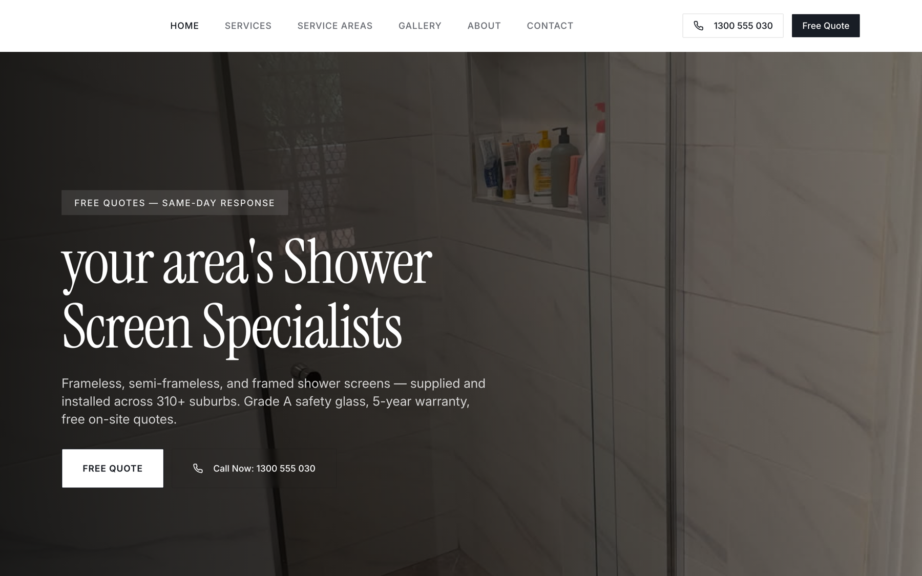 A shower-screen installer’s homepage: an editorial serif hero over a finished bathroom with a free-quote CTA