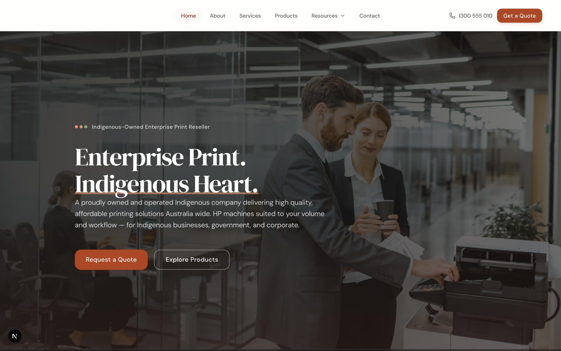 The print reseller’s lead-gen homepage, an editorial hero over a workplace photograph with a quote CTA