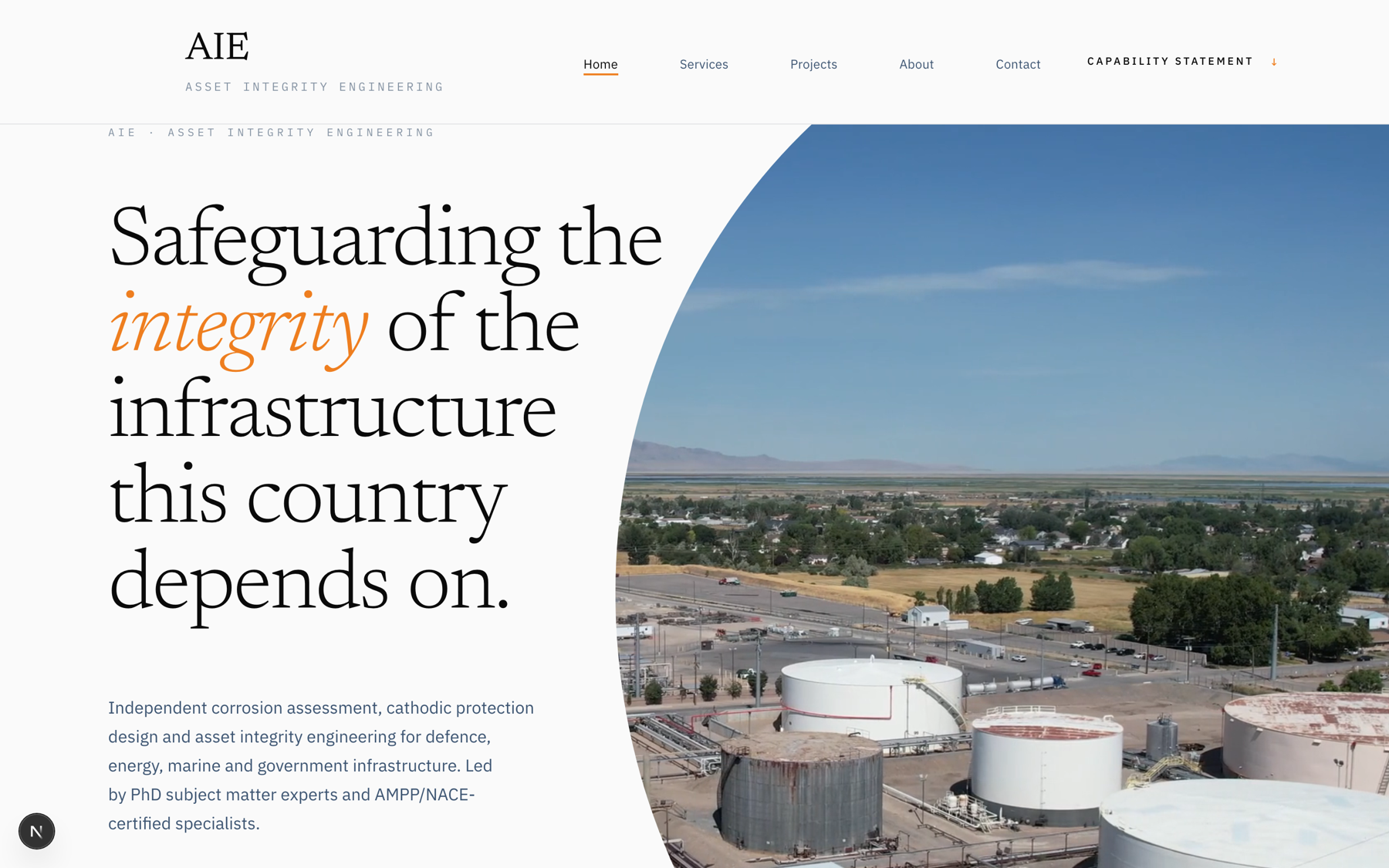 The engineering firm’s homepage, an editorial serif hero over an infrastructure photograph