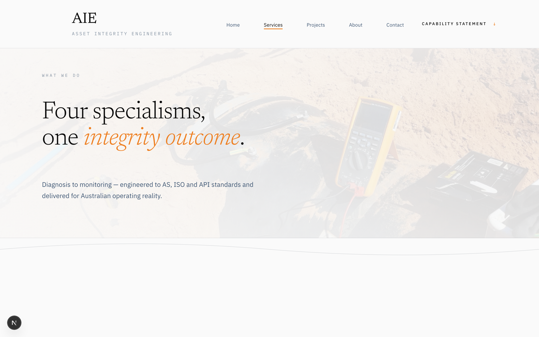 The services page: four specialisms, one integrity outcome