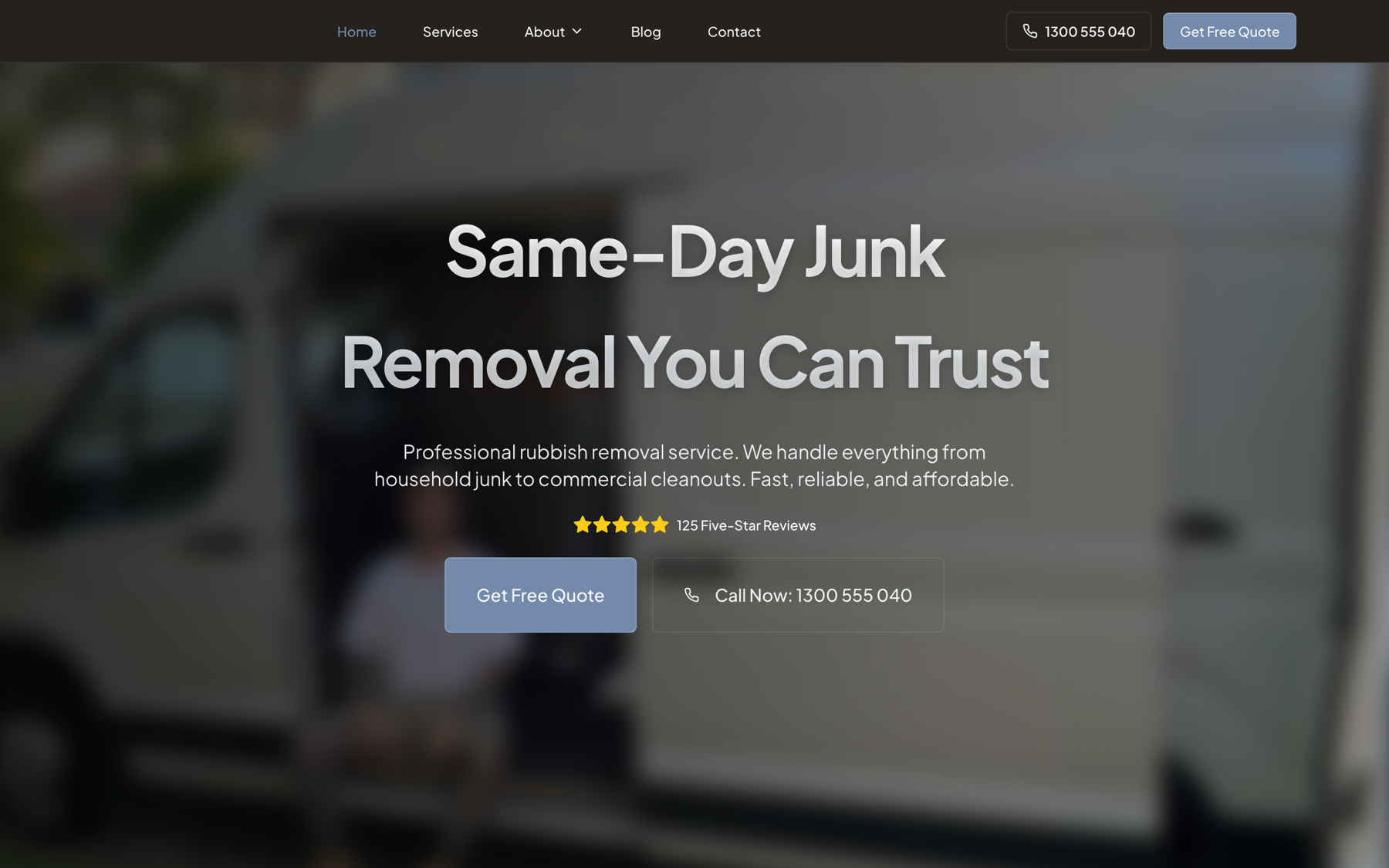 A same-day junk-removal homepage: a bold hero over a service-van photo, five-star reviews and a call CTA