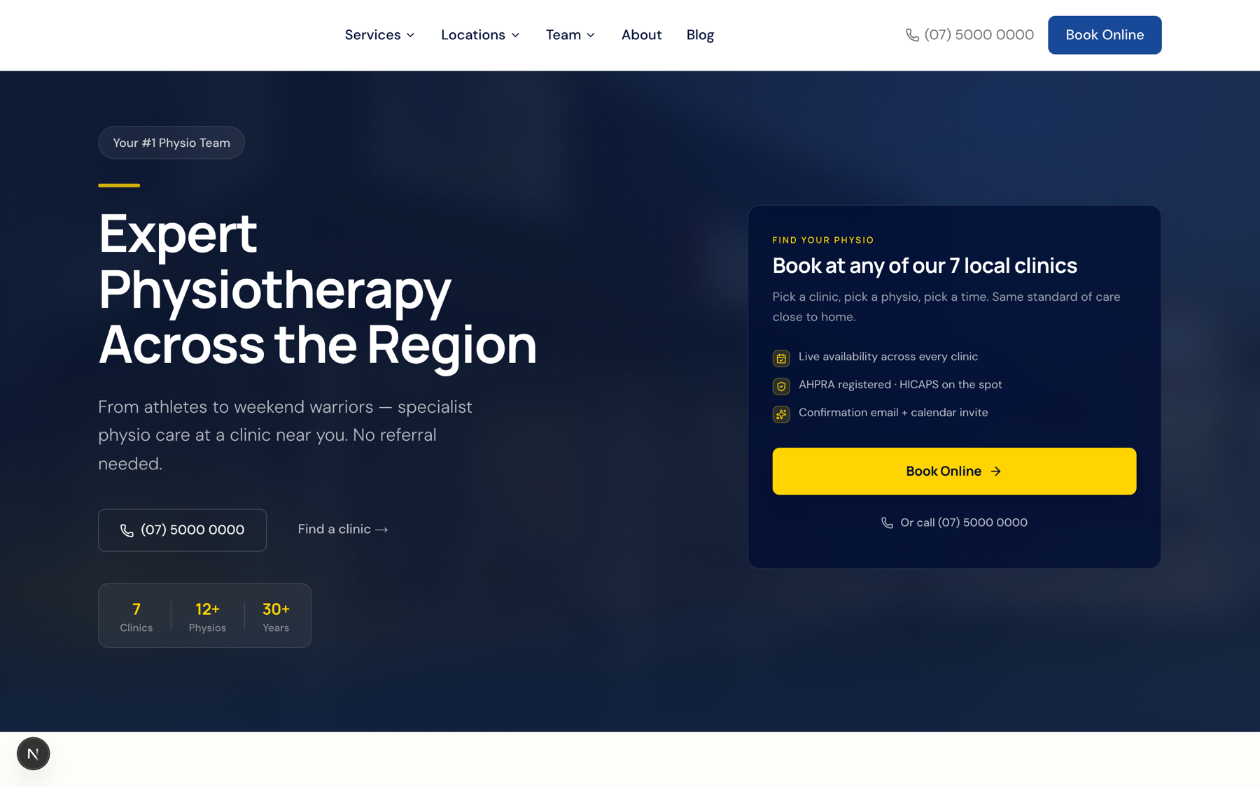 The physiotherapy group’s booking homepage: an instant-booking panel beside the hero, live availability across every clinic