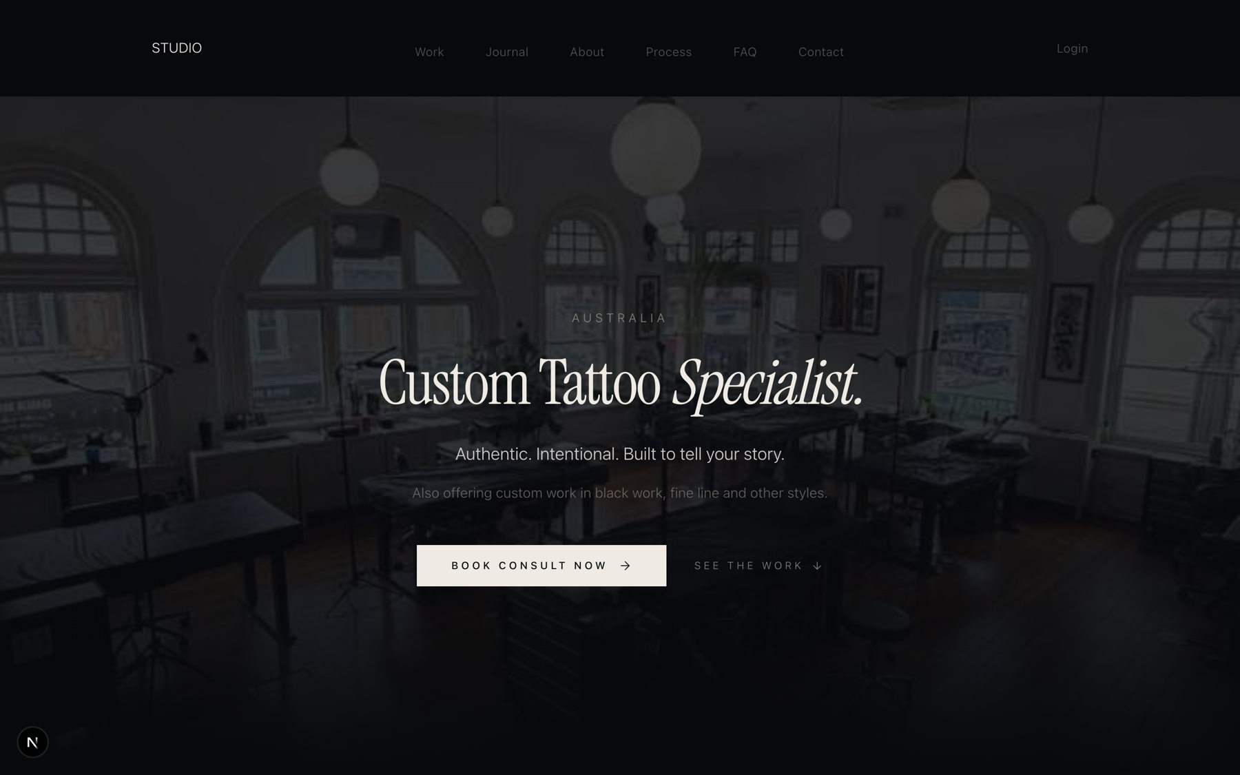 The tattoo studio’s public marketing site: a dark, editorial homepage with the studio’s work behind the hero
